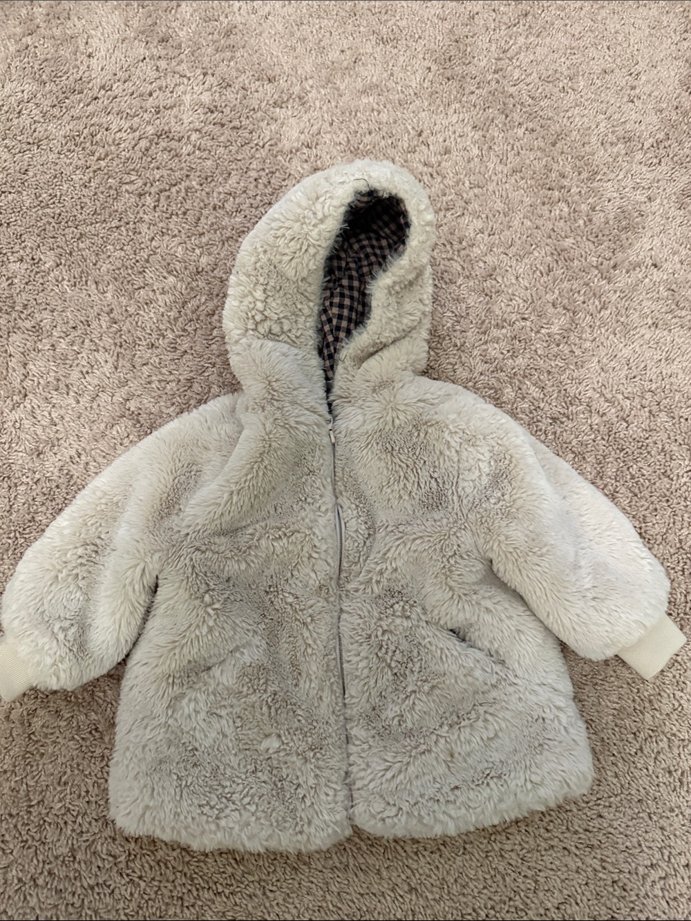 Zara Kids Cream Sherpa Hooded Puffer Jacket size 9/12M - Picture 2 of 4